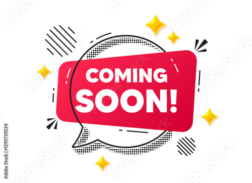 Coming soon chat speech bubble. Social media concept. Coming soon tag. Promotion banner sign. New product release symbol. Red chat message. Offer speech bubble. Glare 3d stars. Vector