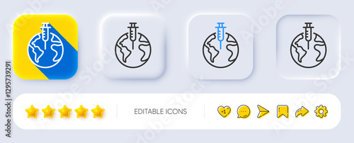 Pandemic vaccine line icon. Neumorphic, Flat shadow, 3d buttons. Corona syringe sign. Covid jab symbol. Line pandemic vaccine icon. Social media icons. Vector