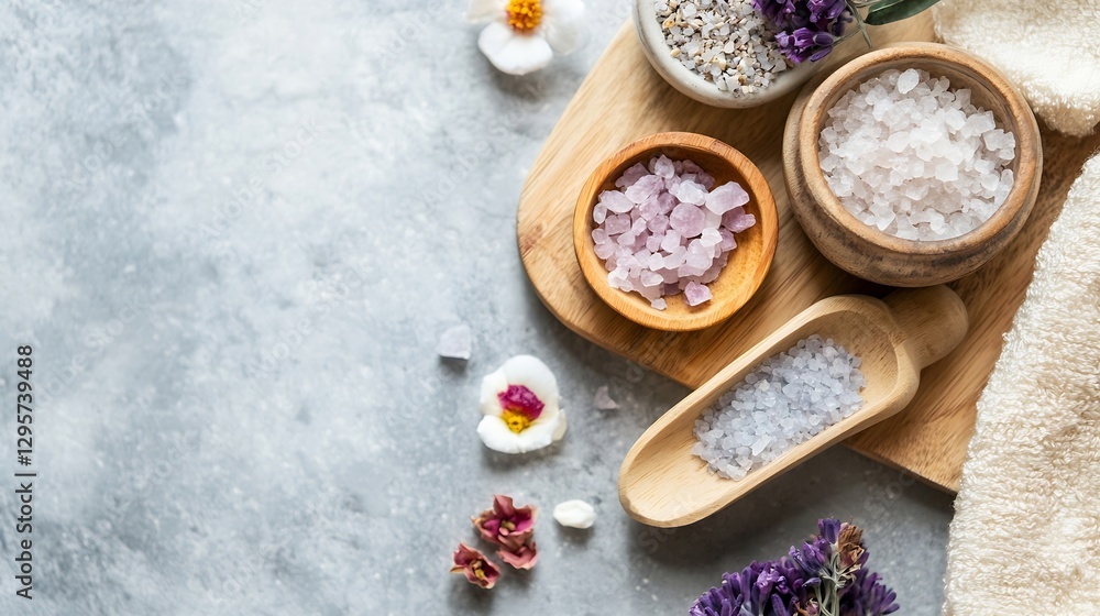 Assorted Natural Bath Salts Displayed in Bowls on Wooden Board with Floral Accents : Generative AI Assorted Natural Bath Salts Displayed in Bowls on Wooden Board with Floral Accents : Generative AI