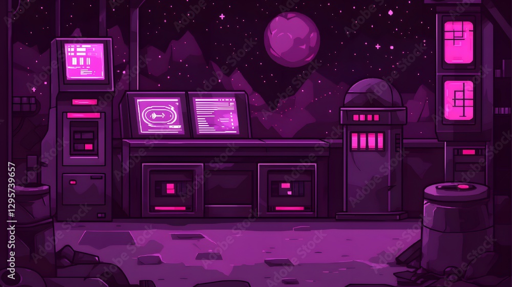 Futuristic control room in outer space with glowing screens and a distant planet backdrop Futuristic control room in outer space with glowing screens and a distant planet backdrop