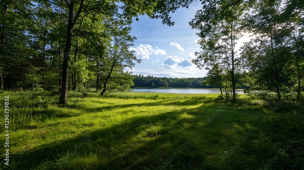 Fototapeta premium Lush Green Landscape by Calm Lake with Sunlight Filtering Through Trees : Generative AI