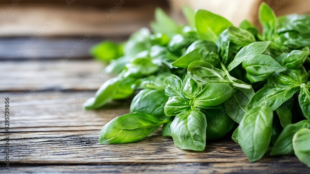 Fresh aromatic basil leaves piled together on rustic wooden background highlighting their vibrant green color : Generative AI Fresh aromatic basil leaves piled together on rustic wooden background highlighting their vibrant green color : Generative AI