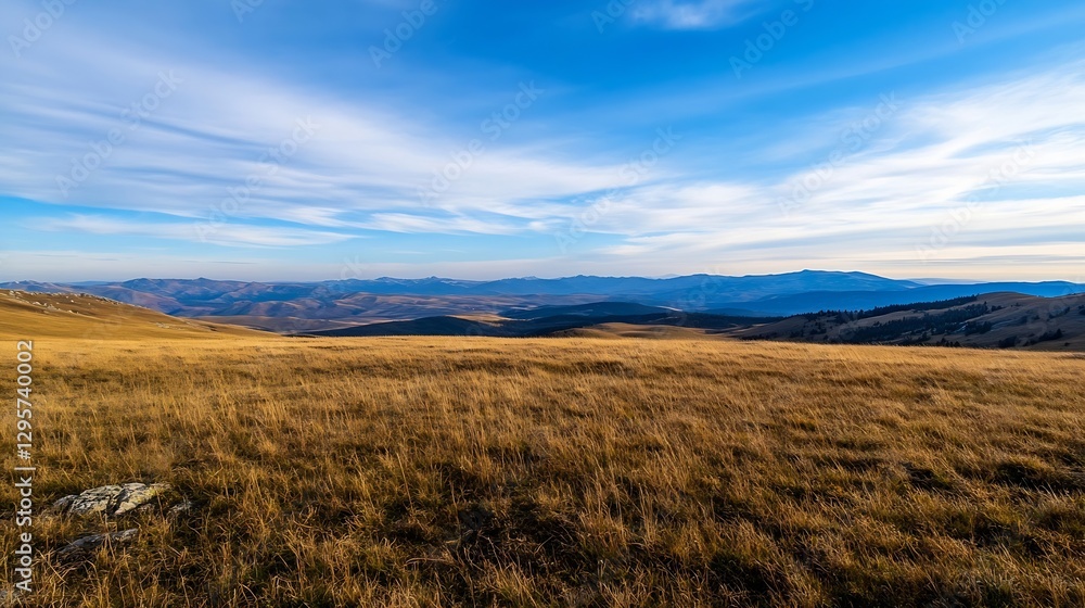 Expansive Mountainous Landscape in Bright Blue Sky and Golden Pastures : Generative AI Expansive Mountainous Landscape in Bright Blue Sky and Golden Pastures : Generative AI