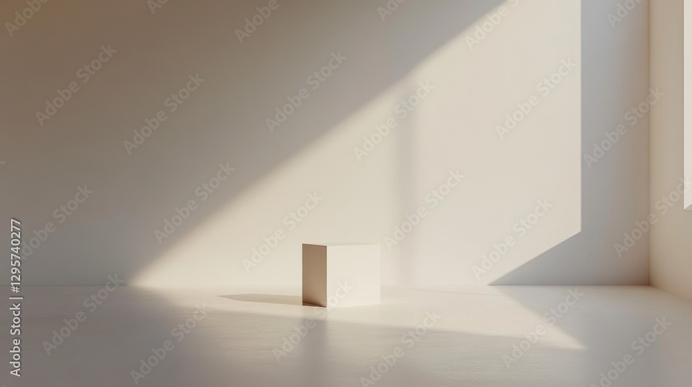 Obraz premium Minimalist 3D Rendering of a Pristine White Cube in Sunlit Room