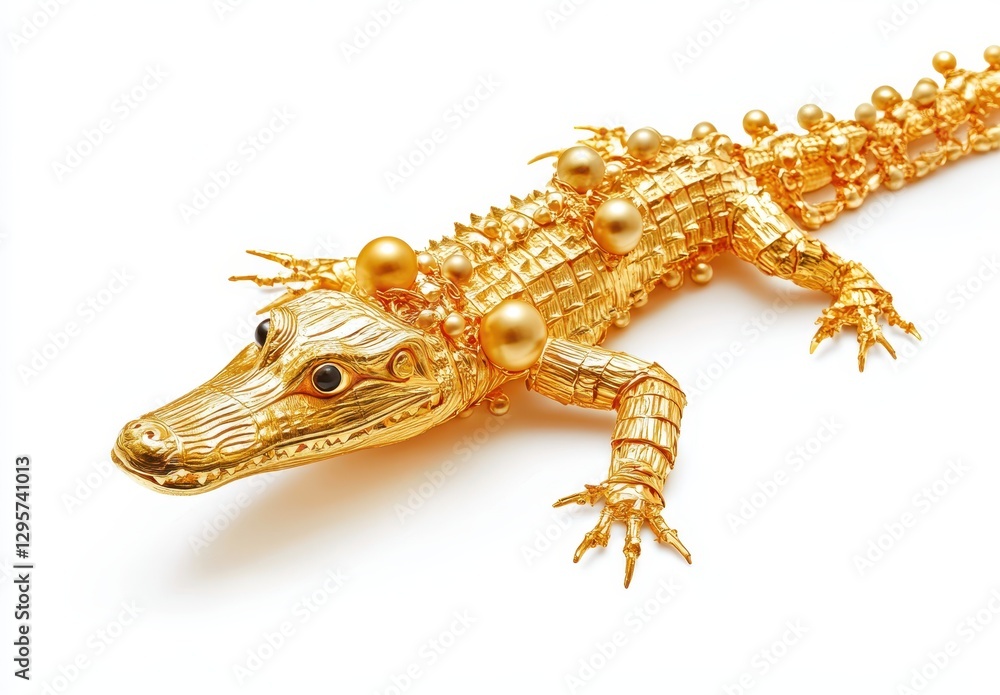 Naklejka premium Stunning golden crocodile sculpture adorned with shiny spheres against a white background creating a luxurious, eye-catching effect for art enthusiasts and collectors