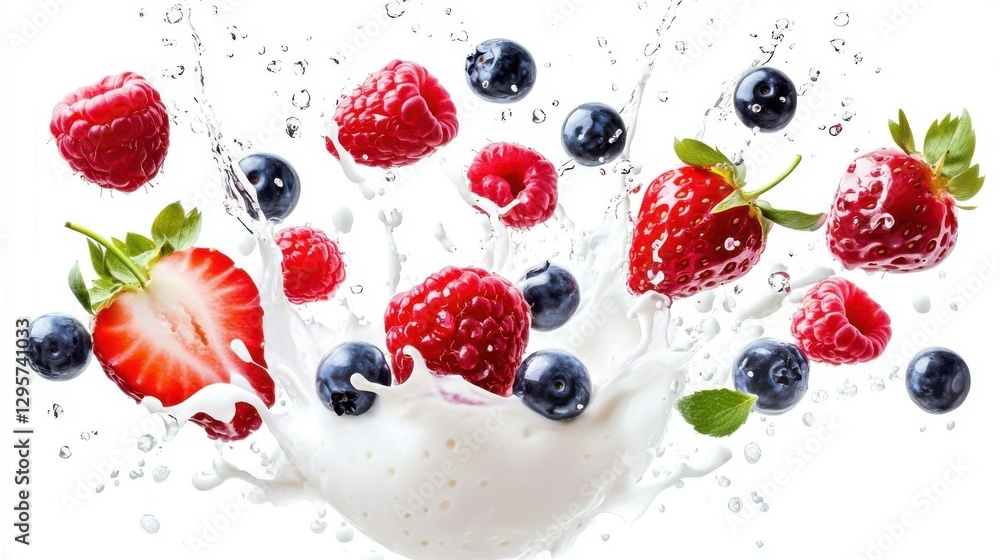 Assortment of fresh berries splashing into white milk, yoghurt, smoothie, or cream on white background Assortment of fresh berries splashing into white milk, yoghurt, smoothie, or cream on white background
