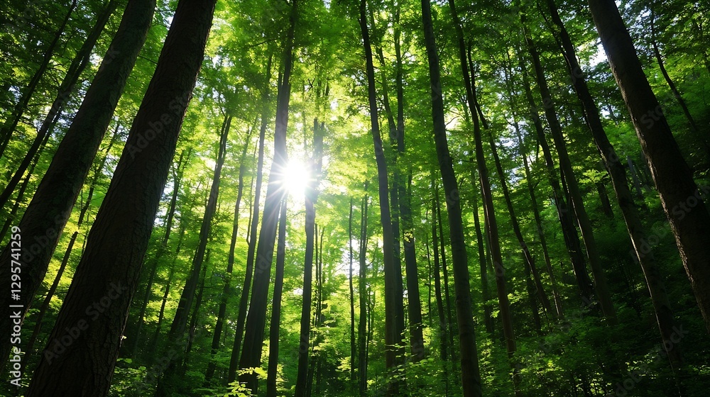 Obraz premium Lush green forest with sunlight filtering through tall trees creating a magical atmosphere in nature : Generative AI