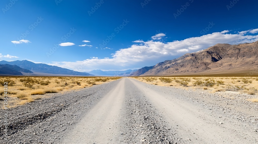 Dramatic landscape road stretching through arid valley with mountains under bright blue sky : Generative AI Dramatic landscape road stretching through arid valley with mountains under bright blue sky : Generative AI