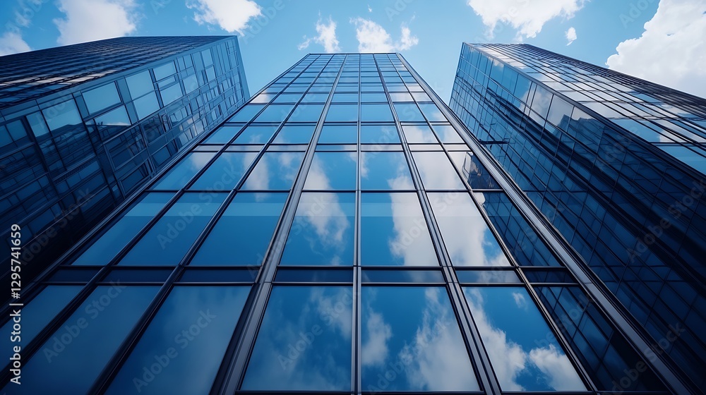 Obraz premium Modern skyscrapers reflecting the blue sky and clouds in a vibrant city setting : Generative AI