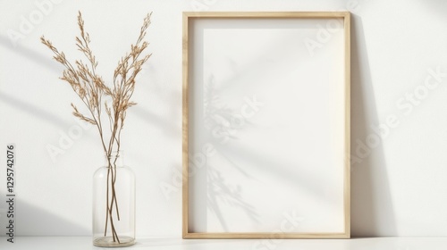 Minimalist Wooden Frame with Empty Space and Dried Plants