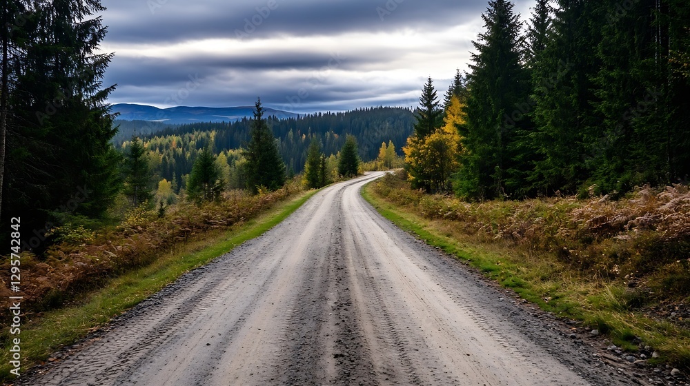 Naklejka premium Winding Dirt Road Through Vibrant Forest with Rolling Hills and Cloudy Sky : Generative AI