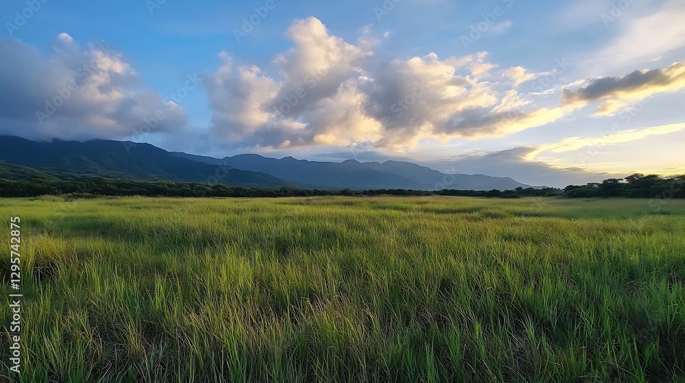 Scenic Landscape View of Lush Green Fields Under Dramatic Clouds and Mountains : Generative AI Scenic Landscape View of Lush Green Fields Under Dramatic Clouds and Mountains : Generative AI