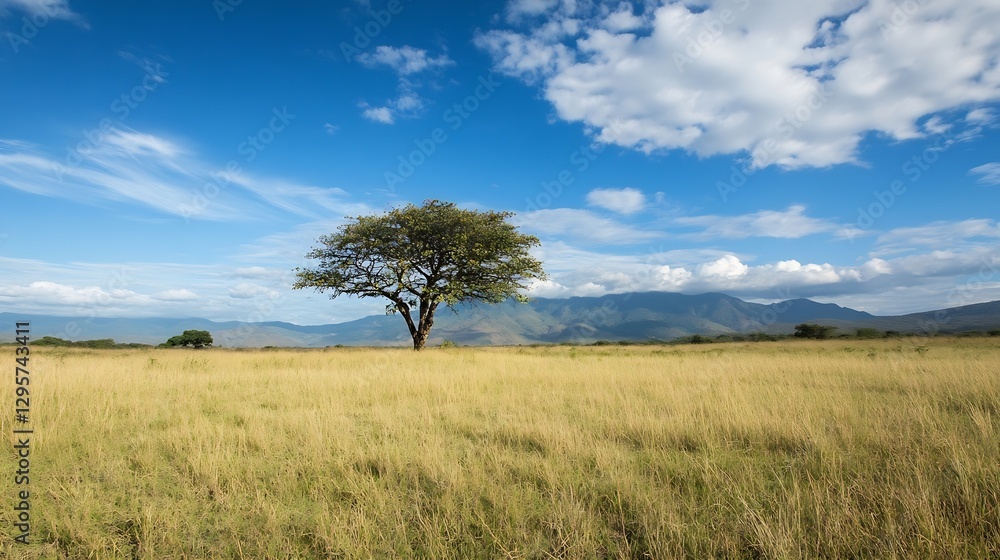 Single tree in a grassy field under a bright blue sky epitomizing natural beauty and solitude : Generative AI Single tree in a grassy field under a bright blue sky epitomizing natural beauty and solitude : Generative AI