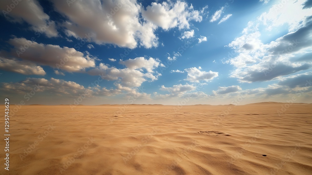 Naklejka premium Expansive desert landscape featuring golden sand dunes under a dramatic sky filled with clouds and sunlight : Generative AI