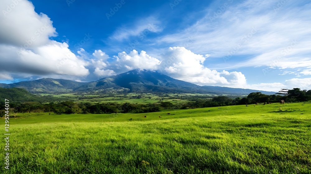 Breathtaking view of green fields and majestic volcano under blue sky with clouds : Generative AI