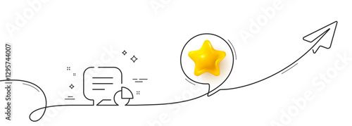 Statistic line icon. Continuous line with share plane. Data pie-chart sign. Chat report symbol. 3d star in speech bubble. Statistic single line ribbon. Loop curve pattern. Vector