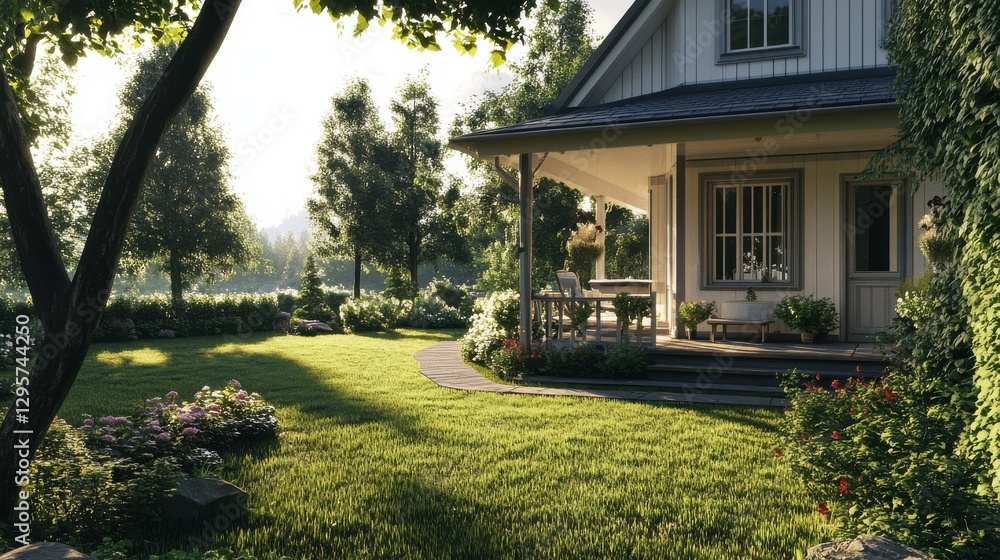 Obraz premium Very modern house with garden in front on a sunny day, with green lawn and trees and porch. Generative AI