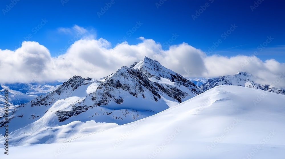 Fototapeta premium Majestic Snow-Capped Mountains Under a Bright Blue Sky with White Clouds : Generative AI