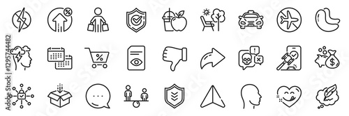 Mindfulness stress, Calendar and Shield line icons pack. Share, Message, Paper plane icons. Get box, Antistatic, Juice web icon. Special offer, Confirmed, Buyer pictogram. Vector