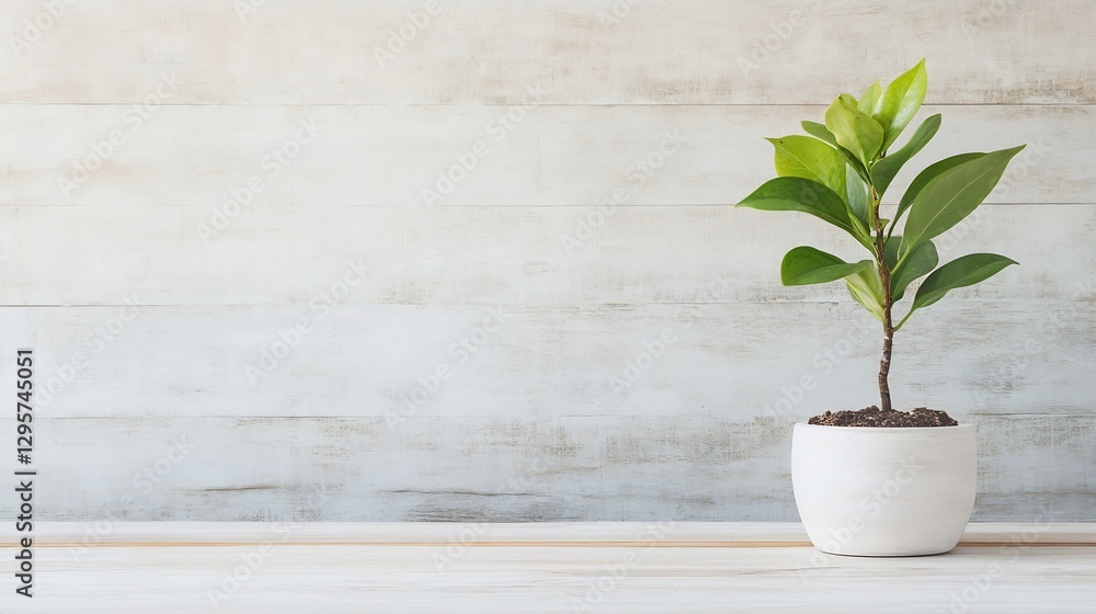 A small green potted plant with vibrant leaves on a light wooden table against a rustic background : Generative AI A small green potted plant with vibrant leaves on a light wooden table against a rustic background : Generative AI