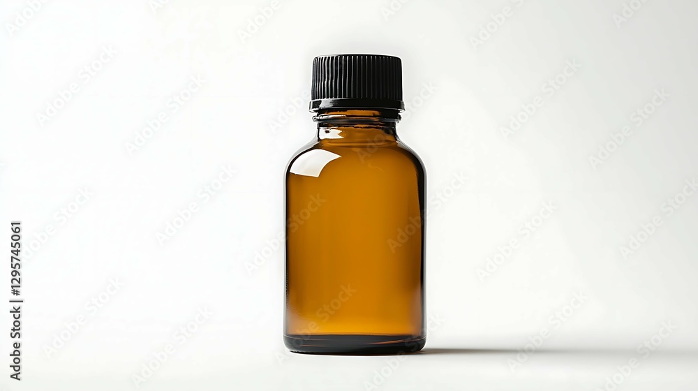 The image showcases a transparent amber glass bottle with a black screw cap, highlighting its elegant shape. The image showcases a transparent amber glass bottle with a black screw cap, highlighting its elegant shape.
