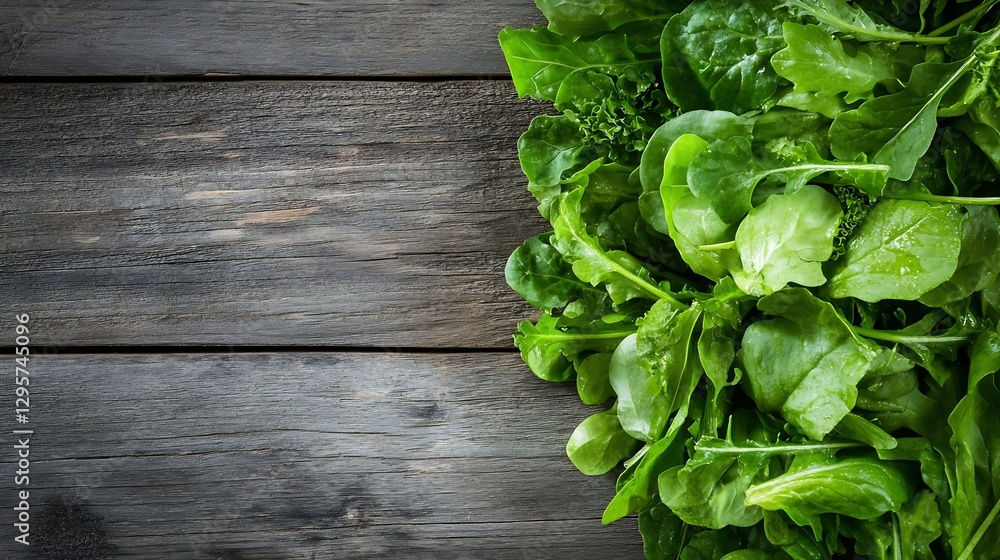 Fototapeta premium Lush green leafy vegetables laid on rustic wooden surface showing freshness : Generative AI