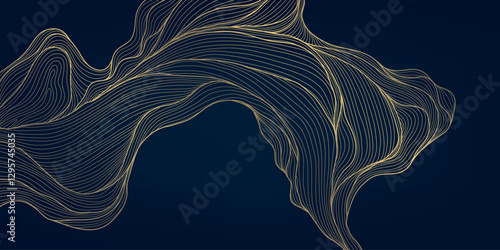 Vector art deco gold line background, luxury wave premium abstract texture, graphic japanese design. Elegant ocean, leaves poster