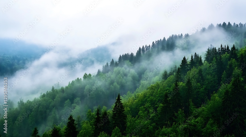 Fototapeta premium Serene Misty Forest Landscape with Lush Green Trees and Rolling Hills : Generative AI
