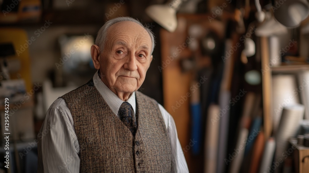 Thoughtful elderly man in a cozy workshop surrounded by tools, illuminated by soft light, showcasing craftsmanship and wisdom in a rustic setting. Thoughtful elderly man in a cozy workshop surrounded by tools, illuminated by soft light, showcasing craftsmanship and wisdom in a rustic setting.