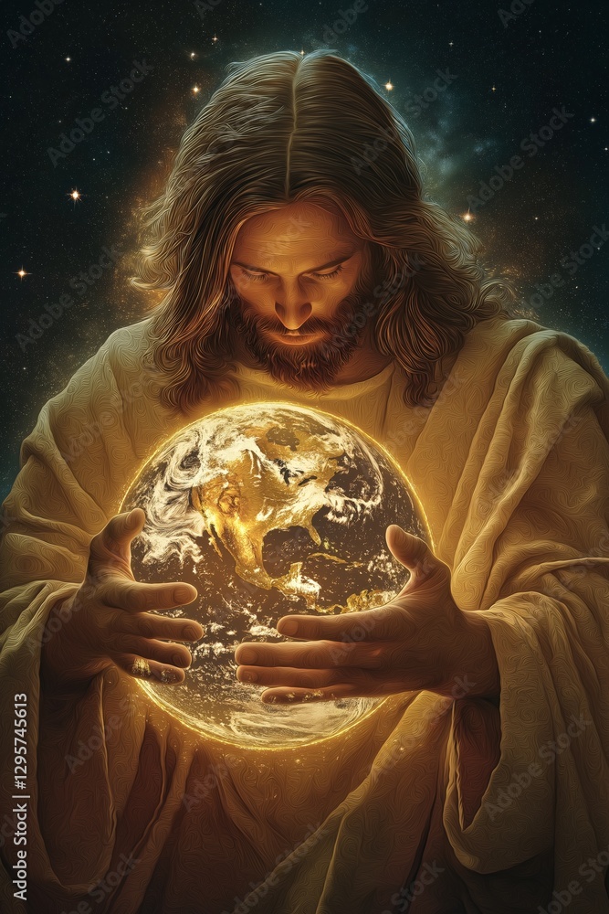 Naklejka premium Jesus Holding the Earth with Love and Care