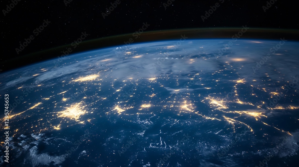 Fototapeta premium Beautiful View of Earth from Space Showing Cities Illuminated by Night with Stars : Generative AI