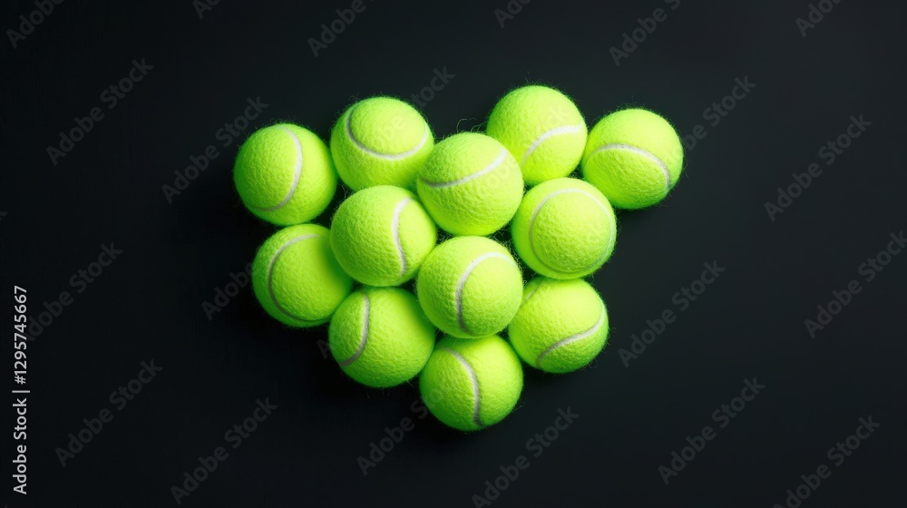 Twelve Yellow Tennis Balls Arranged Against a Dark Black Background Twelve Yellow Tennis Balls Arranged Against a Dark Black Background