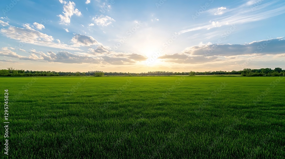 Obraz premium Expansive green field under a beautiful blue sky during sunset showcasing nature's tranquility : Generative AI