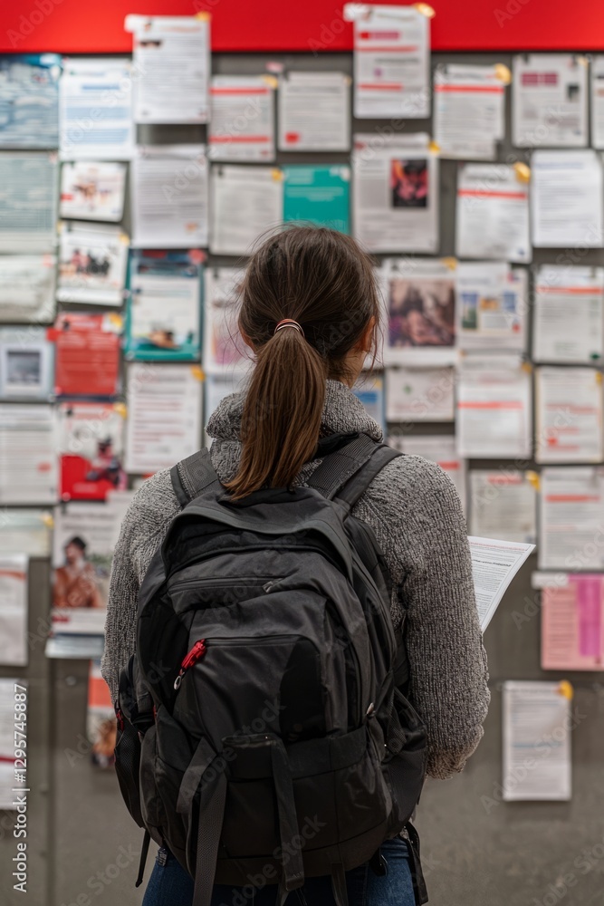 A college campus bulletin board filled with flyers about scholarship programs. A student stops to read about the latest opportunities, Generative AI
