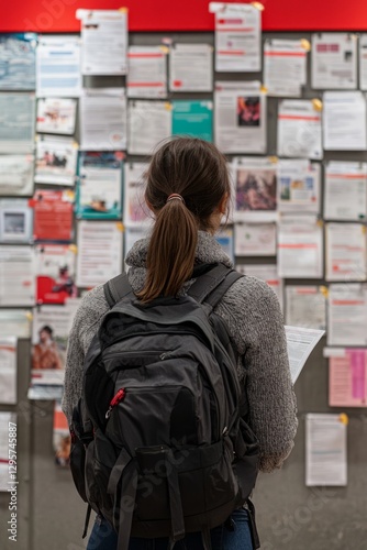 Obraz na płótnie A college campus bulletin board filled with flyers about scholarship programs. A student stops to read about the latest opportunities, Generative AI w salonie