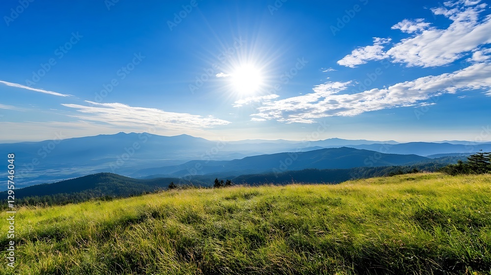 Stunning mountain landscape with bright sun and rolling hills under a clear blue sky : Generative AI Stunning mountain landscape with bright sun and rolling hills under a clear blue sky : Generative AI