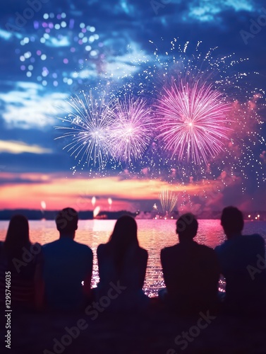 Celebrating the Night Sky: A group of silhouettes watches vibrant fireworks paint the night sky, each explosion reflecting on the serene water below.