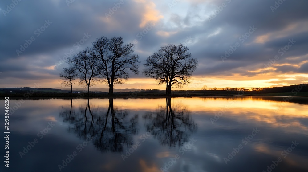 Dramatic Silhouette of Trees Reflected in Calm Water at Sunset : Generative AI Dramatic Silhouette of Trees Reflected in Calm Water at Sunset : Generative AI