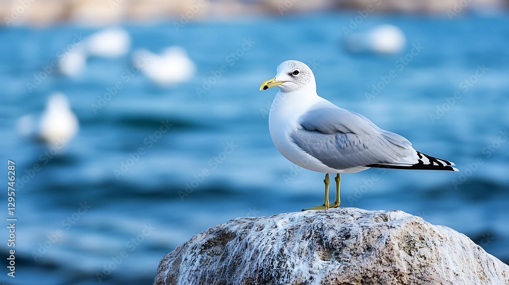 Fototapeta premium Seagull perched on a rock overlooking a serene blue ocean with soft waves in the background : Generative AI