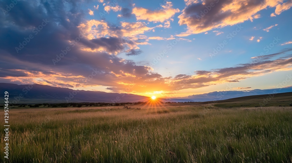 Vibrant sunset illuminating a vast field with soft grass and hills while warm golden light casts dramatic shadows : Generative AI Vibrant sunset illuminating a vast field with soft grass and hills while warm golden light casts dramatic shadows : Generative AI