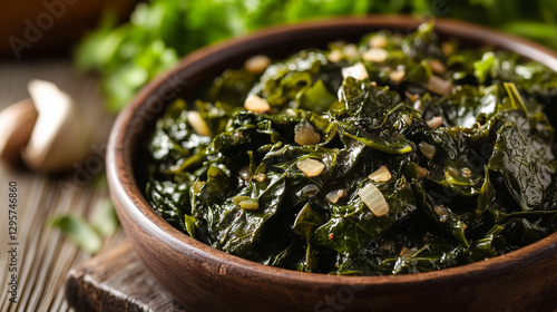 Close-up of Ethiopian Gomen collard greens with garlic and onions