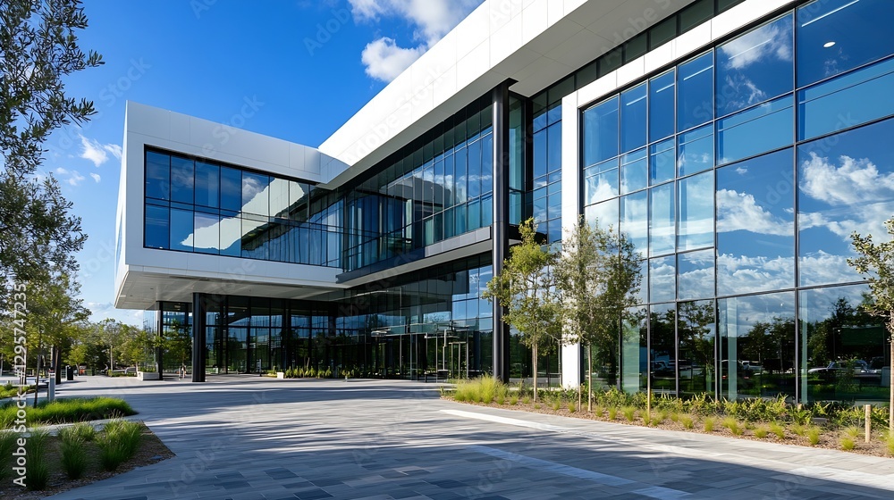 Modern glass building exterior with lush greenery and vibrant blue sky reflections in urban architecture : Generative AI Modern glass building exterior with lush greenery and vibrant blue sky reflections in urban architecture : Generative AI