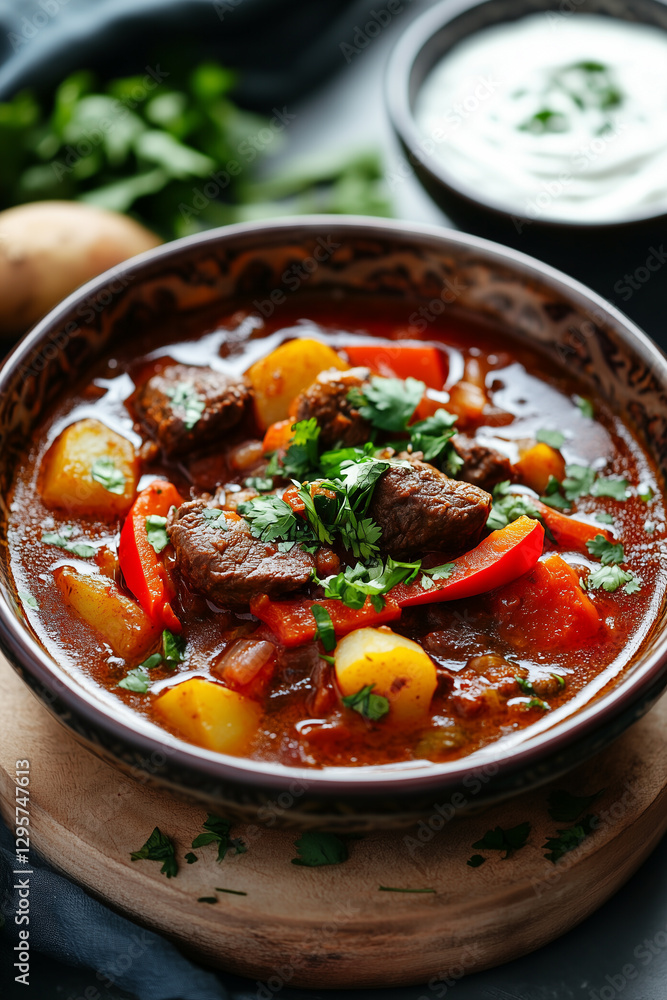 Uzbek Mastava soup with beef, potatoes, and red bell peppers Uzbek Mastava soup with beef, potatoes, and red bell peppers