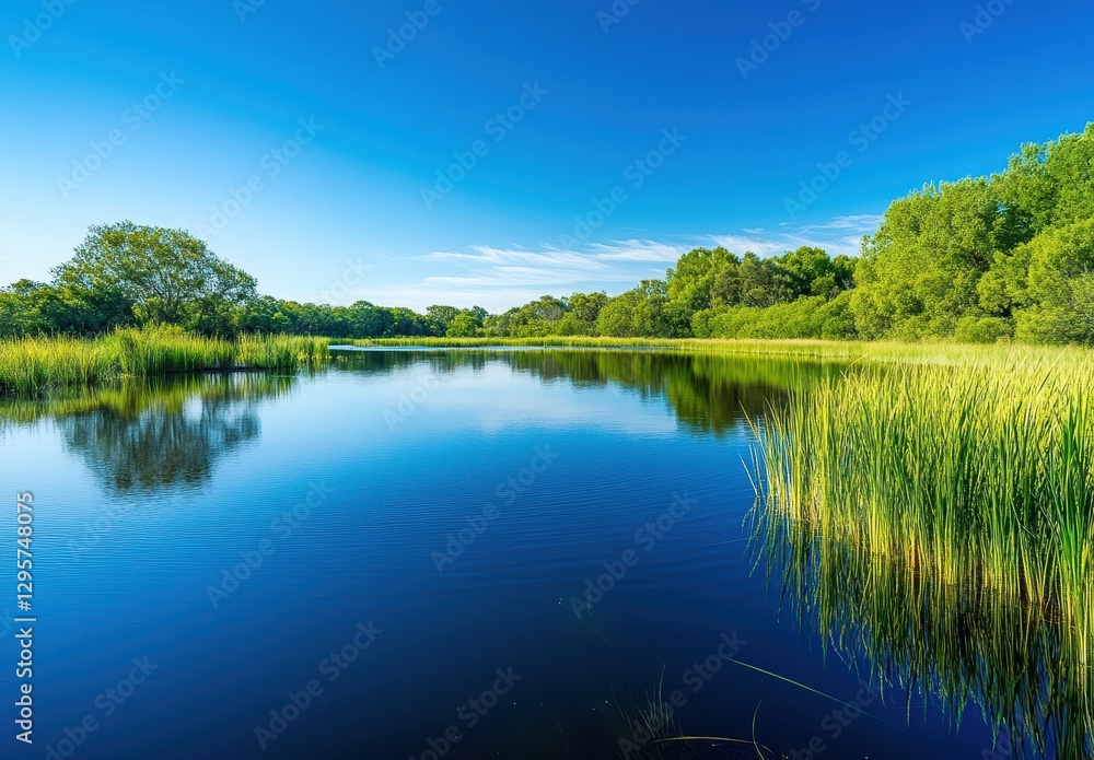 Fototapeta premium Tranquil Waters of a Serene Landscape with Lush Greenery and Clear Blue Skies in a Scenic Nature Setting
