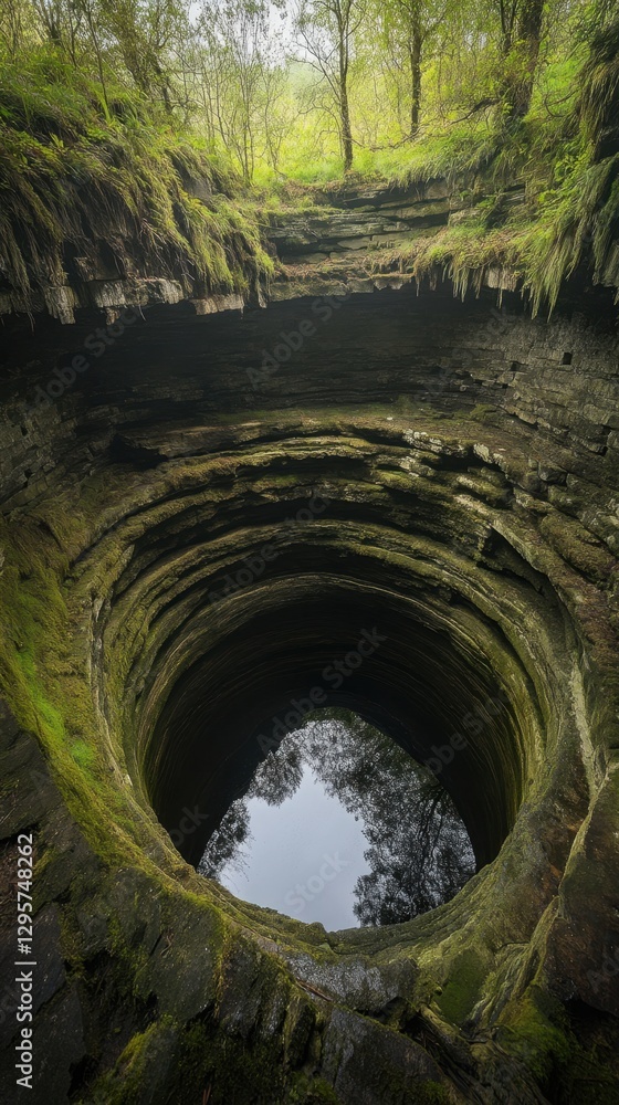 Naklejka premium Circular abyss in mossy landscape
