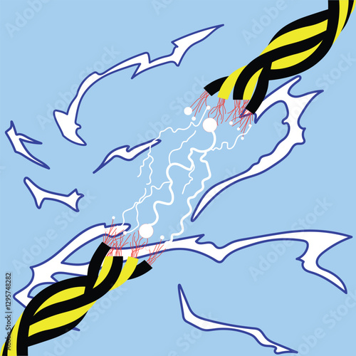 This illustration depicts a stylized representation of electrical tension or a power surge, set against a solid, light blue background.