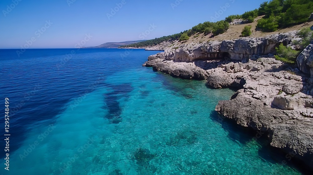 Crystal clear turquoise water along a rocky coastline on a sunny day : Generative AI Crystal clear turquoise water along a rocky coastline on a sunny day : Generative AI