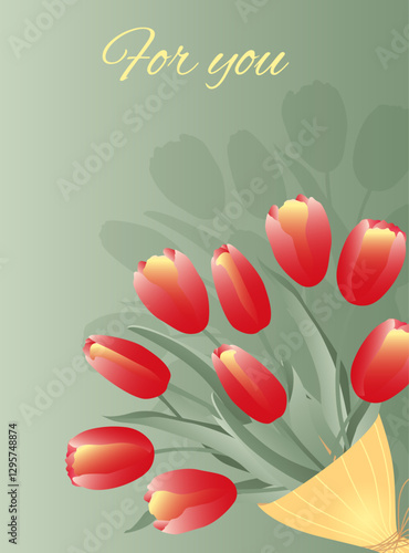 Bouquet of spring flowers tulips on green background. Design for postcards on Womans Day, 8 March.