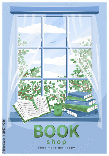 Book shop. Spring window with landscape and books on the sill. Cozy vector illustration  for bookstore, library, sale in bookshop.
