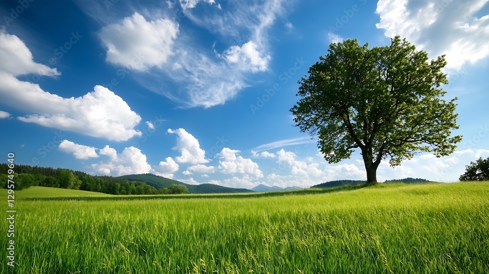 Obraz premium Vibrant Green Landscape with Tree Under Blue Sky and Fluffy Clouds : Generative AI